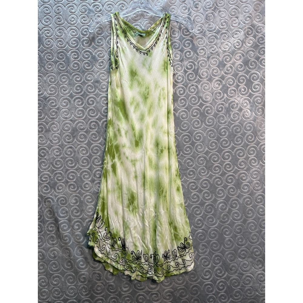 Green Tie Dye S/M Dress‎ Sleeveless Black Embroidered Trim Summer Beachy Casual